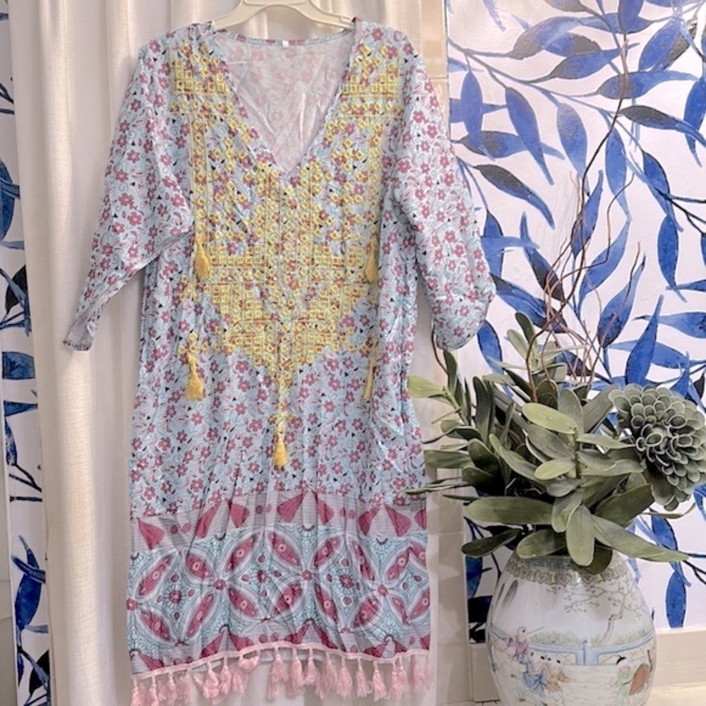 Women’s KOMILI | Pink & Blue Floral Tassel-Fringe Shift Beach Cover Up Dress XL